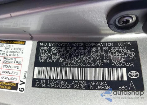 2005 Toyota Camry Std из США, поврежденный, VIN JTDBE32K653030197